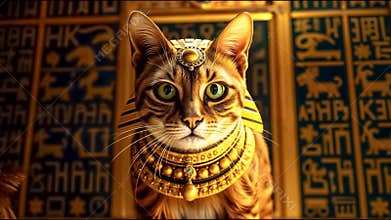Golden Egyptian magical divine cat, cat in the temple of the Egyptian goddess Bastet