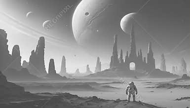 Monochrome Alien Planet with Astronaut, Digital Art Scene