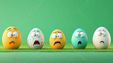 Colorful cartoon eggs with funny faces on grass against green background. Easter, Pascha, Paskha, Ostern, Pascua, Paques