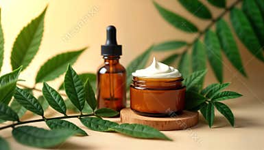 Organic hand cream, essential oils displayed on beige background with green leaves. Natural beauty products showcased in brown