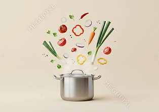 Fresh vegetables exploding from a pot, symbolizing vibrant cooking creativity