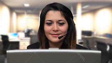 Beautiful business woman girl talk laptop chat close up