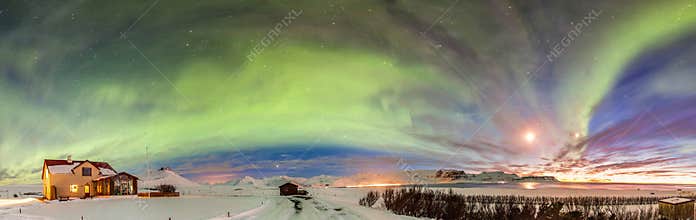 Panoramic Aurora During Winter Sunset in Iceland