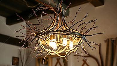 Rustic branch chandelier, unique lighting design, cozy home interior stock footage generative AI