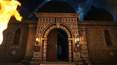 Stone archway with torches, medieval entrance, historical architecture stock footage generative AI