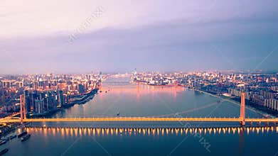 Wuhan Yangtze River landmark night view aerial photography time-lapse