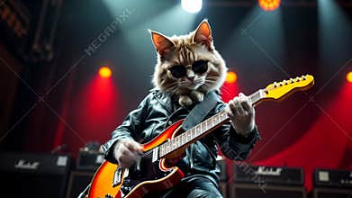 Cool cat in sunglasses and leather jacket playing electric guitar on stage. Funny animal character as rock star performing at