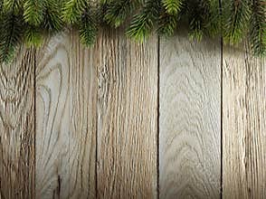 Christmas fir tree on wood texture. background old panels