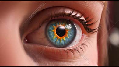 A video showcases closeups of a womans blue eye, highlighting beauty