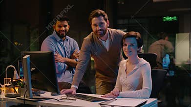 Three diverse co-workers Indian Caucasian colleagues business woman men businesswoman businessmen multiracial girl guys