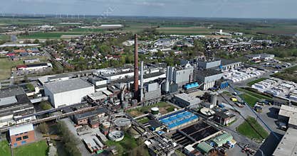 paper recycling factory in Gluckstadt, Germany. Aerial drone view .
