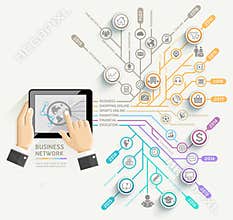 Businessman using tablet timeline infographic template.