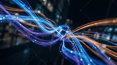 Vibrant blue and orange fiber optic cables intersect in a blurred cityscape at night