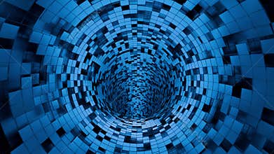 Blue infinite tunnel background with square tiles forming geometric structure and deep perspective