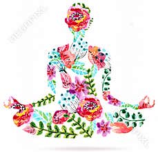Yoga pose, watercolor bright floral illustration
