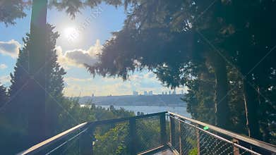 Moving forward along wooden platform with Bosphorus view in Istanbul park