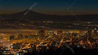Time Lapse Movie of Early Morning Sunrise and Dense Rolling Fog Over Downtown Cityscape of Portland Oregon with Mount Hood 1080p