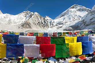 Everest base camp with rows of buddhist prayer flags