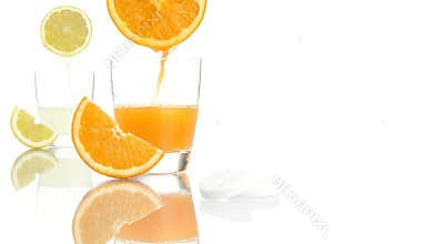Vitamin c concept orange lemon juice aspirin tablet