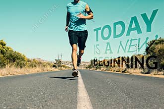 Composite image of athletic man jogging on open road