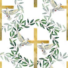 Elegant seamless pattern featuring golden crosses, white flying doves, and green olive branches. This hand drawn watercolor design