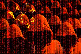 Group of hooded hackers shining through a digital chinese flag