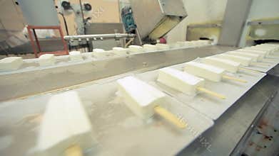 Ice cream production line. Food processing plant. Ice cream manufacturing
