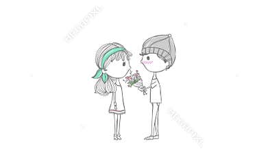 Cute animation cartoon lover couple with boy and girl in stylish doodle design in anniversary concept