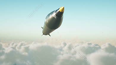 Ballistic nuclear rocket flying over clouds. War and military concept. Realistic 4K animation.