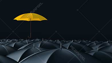 Umbrella standing out from crowd mass concept
