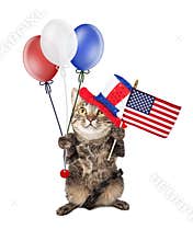 Fourth Of July Cat With Balloons and Flag