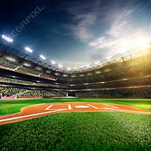 Professional baseball grand arena in sunlight