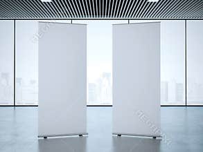 Two roll up banners at office. 3d rendering