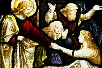 Stained glass, Christ raising child
