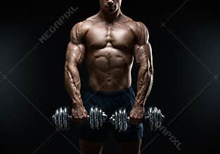 Strong and power bodybuilder doing exercises with dumbbell