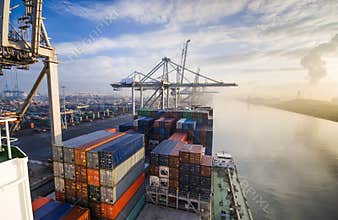 Cargo ship loading containers in Rotterdam.