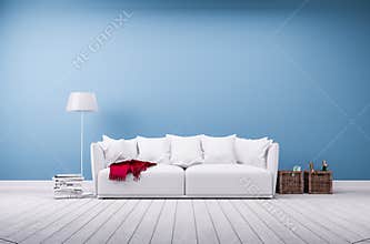 Sofa and floor lamp at blue wall