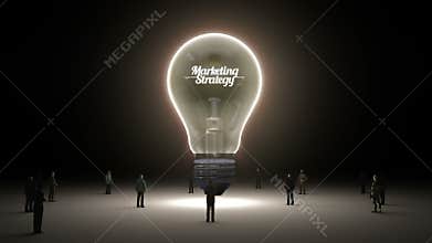 Typo 'Marketing Strategy' in light bulb and surrounded businessmen, engineers, idea concept version (included