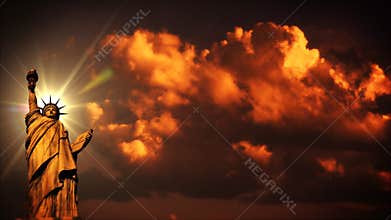 Liberty statue at sunset, time lapse clouds