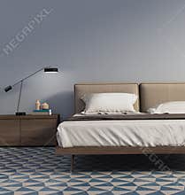 Blue bedroom with table lamp and tiles