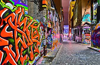 Night view of colorful graffiti artwork in Melbourne