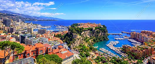 Skyline of Monaco with Prince Palace, old town and port