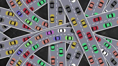 Top View on Heavy Traffic Cars Driving in Intersection in Rush Hour - Looping