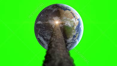 Meteorite, asteroid collision with the planet Earth. Fiery crater. Apocalypse. Green screen footage