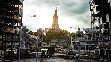 Apocalypse of Russia. Aerial View of the destroyed Moscow city, red square. Apocalypse concept. Super realistic 4k