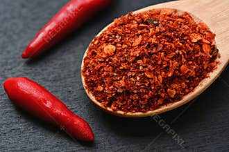 Close up of cayenne pepper in wooden spoon