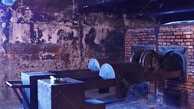 Crematorium oven in a concentration camp. 4K clip