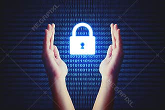 Cyber security concept, human hand protecting lock icon with bin