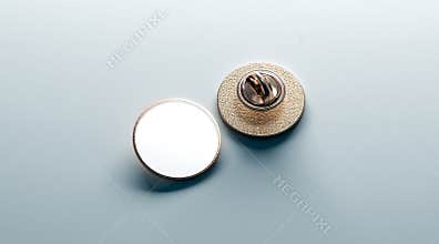 Blank white round gold lapel badge mock up, front back
