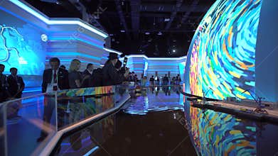 ASTANA, Kazakhstan - June 10, 2017: Russian Expo pavilion with futuristic screen with future energy concept